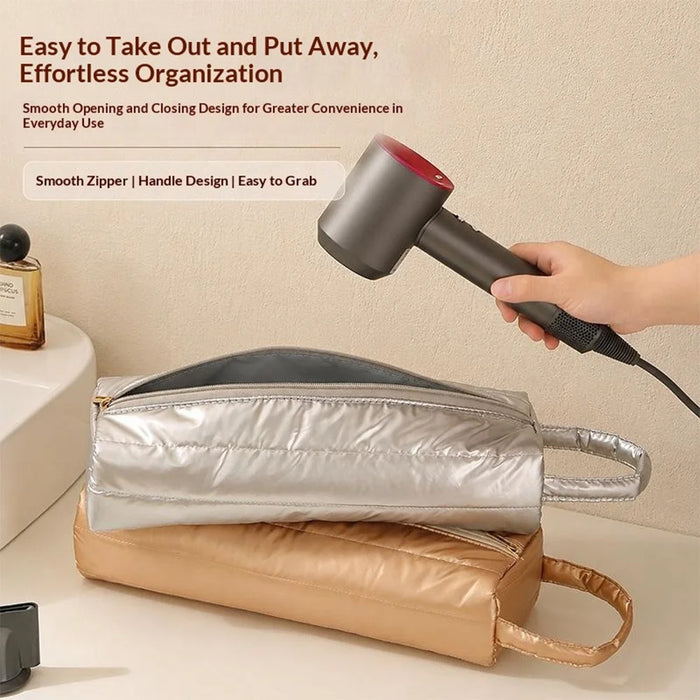 Hair Dryer Storage Bag Quilted Pearlescent Cotton Heat Insulating Organizer Pouch with Handle - Gold - 6