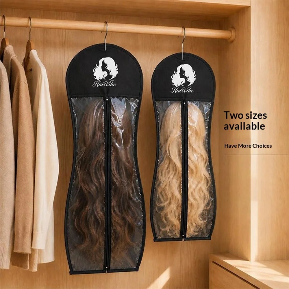 Size M 29x60cm Wig Storage Pouch Non-Woven PEVA Dust-Proof Transparent Hanging Bag - Black - 2