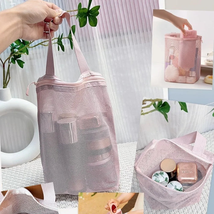Portable Travel Toiletry Bag Large Capacity Mesh Makeup Organizer Pouch for Beach Travel - Pink - 6