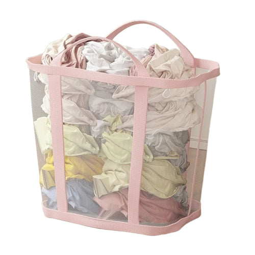 35x22x37cm Hanging Laundry Basket Wall Mounted Dirty Clothes Mesh Storage Bag for Bathroom Bedroom - Light Pink - 1