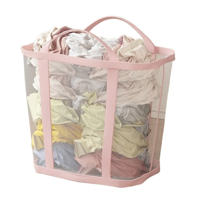35x22x37cm Hanging Laundry Basket Wall Mounted Dirty Clothes Mesh Storage Bag for Bathroom Bedroom - Light Pink - 1