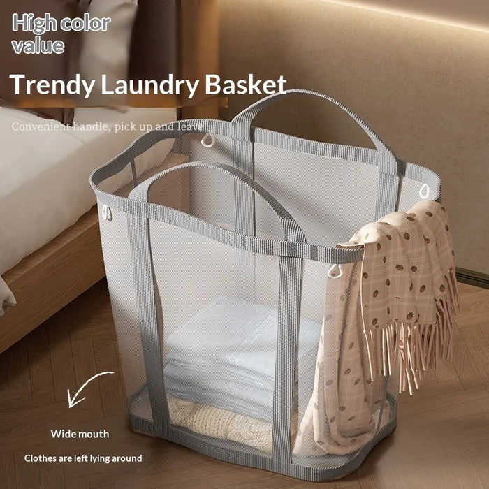 35x22x37cm Hanging Laundry Basket Wall Mounted Dirty Clothes Mesh Storage Bag for Bathroom Bedroom - Light Pink - 2