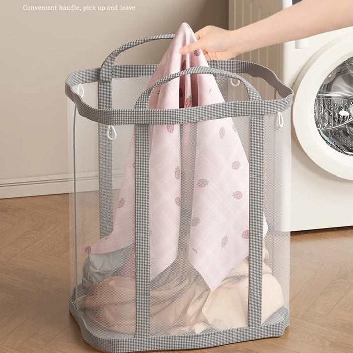 35x22x37cm Hanging Laundry Basket Wall Mounted Dirty Clothes Mesh Storage Bag for Bathroom Bedroom - Light Pink - 7