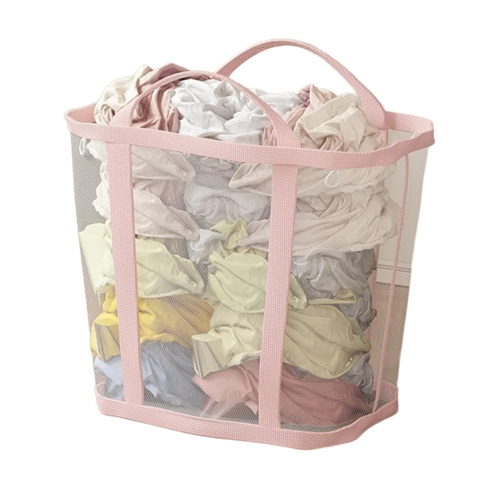 40x26x40cm Hanging Laundry Basket Wall Mounted Dirty Clothes Mesh Storage Bag for Bathroom Bedroom - Light Pink - 1
