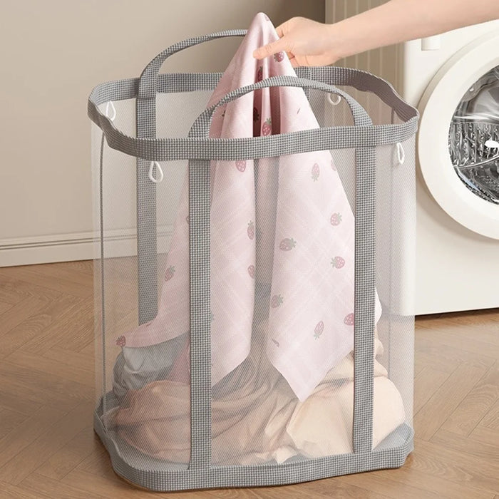 40x26x40cm Hanging Laundry Basket Wall Mounted Dirty Clothes Mesh Storage Bag for Bathroom Bedroom - Light Pink - 6