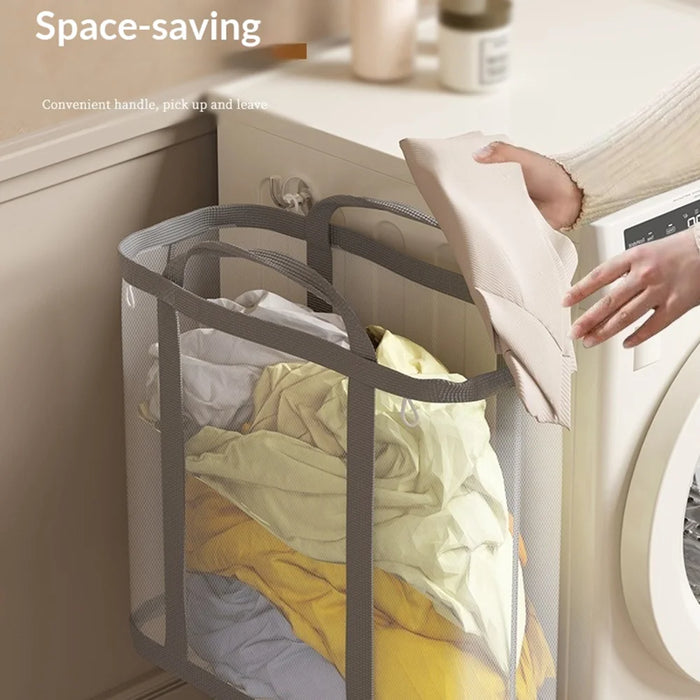 40x26x40cm Hanging Laundry Basket Wall Mounted Dirty Clothes Mesh Storage Bag for Bathroom Bedroom - Light Pink - 7