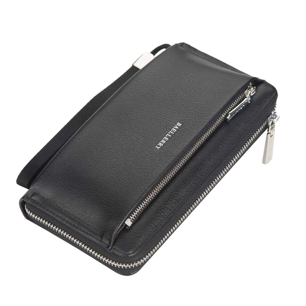 BAELLERRY S1081 PU Leather Men Clutch Bag Large Capacity Zipper Long Wallet with Wrist Strap - Black - 1
