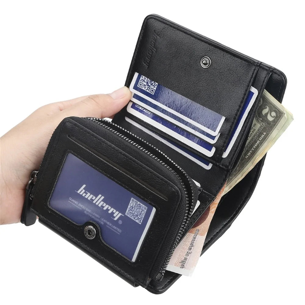 BAELLERRY D9159 PU Leather Zipper Pocket Design Men Tri-fold Wallet Coins Cards Cash Carrying Bag - Black - 3