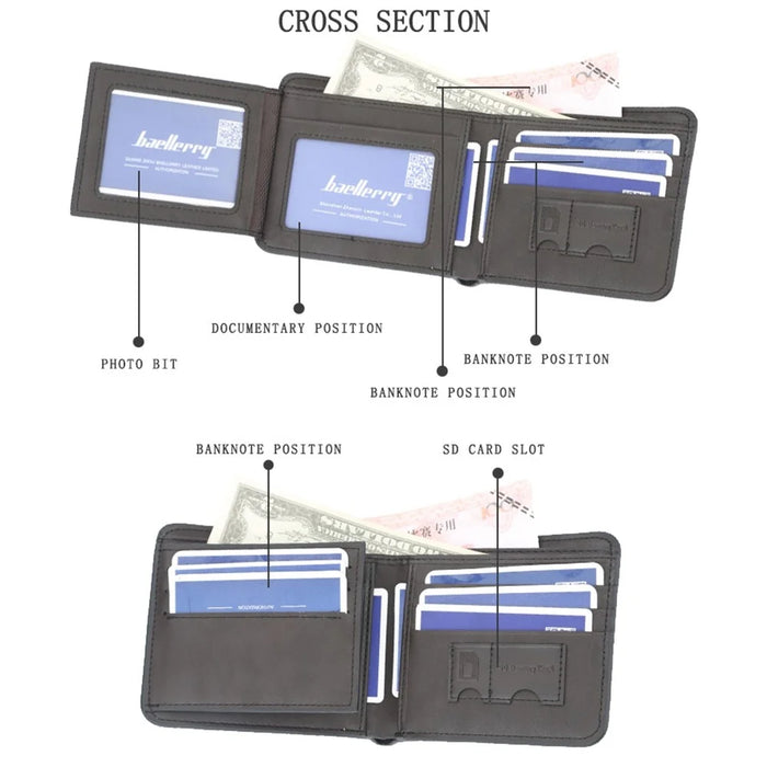 BAELLERRY D9150 Retro Men PU Leather Short Wallet Bi-fold Cards Cash Holder Bag - Black / Horizontal Type - 4