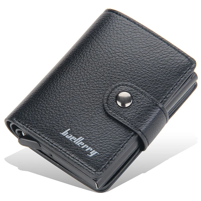 BAELLERRY K9148 RFID Blocking Litchi Texture PU Leather + Aluminum Alloy Case Credit Card Holder Automatic Pop Up Wallet - Black - 1