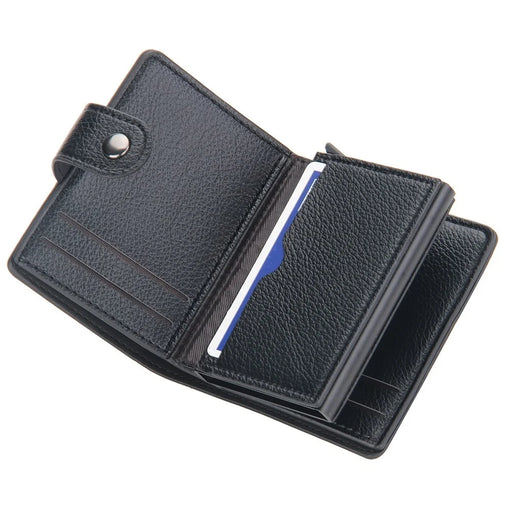 BAELLERRY K9148 RFID Blocking Litchi Texture PU Leather + Aluminum Alloy Case Credit Card Holder Automatic Pop Up Wallet - Black - 2