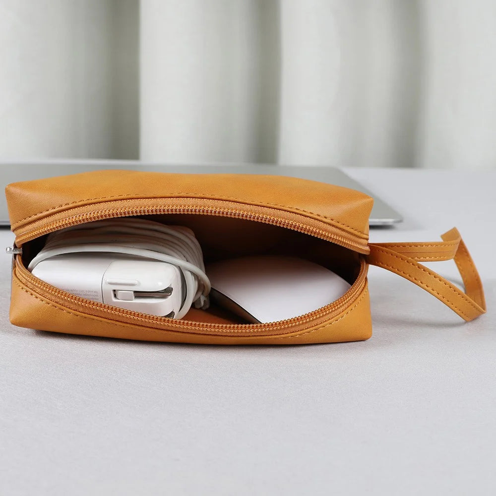 SS08 Electronic Organizer Mouse Power Bank Cable Storage Bag PU Leather USB Flash Drive Carrying Handbag Anti-scratch Pouch - Brown - 3