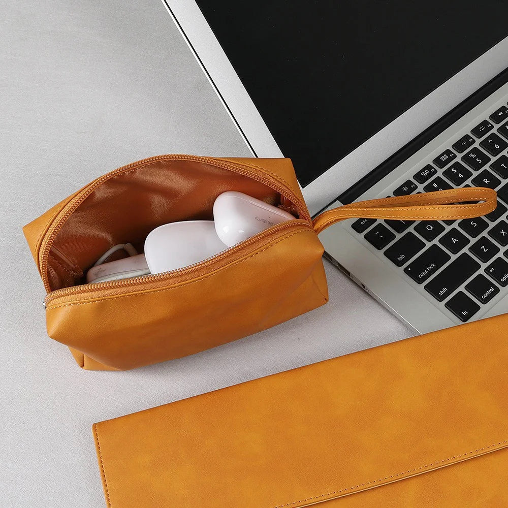 SS08 Electronic Organizer Mouse Power Bank Cable Storage Bag PU Leather USB Flash Drive Carrying Handbag Anti-scratch Pouch - Brown - 5