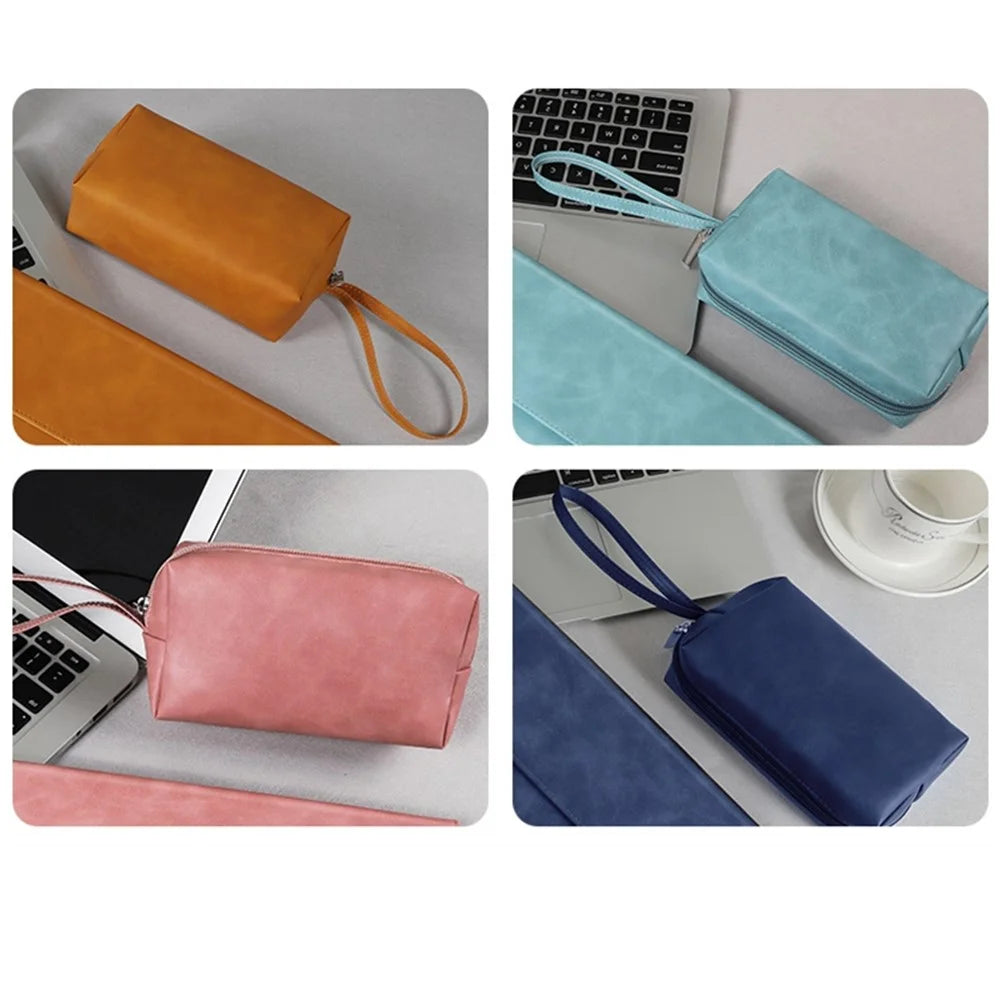 SS08 Electronic Organizer Mouse Power Bank Cable Storage Bag PU Leather USB Flash Drive Carrying Handbag Anti-scratch Pouch - Brown - 7