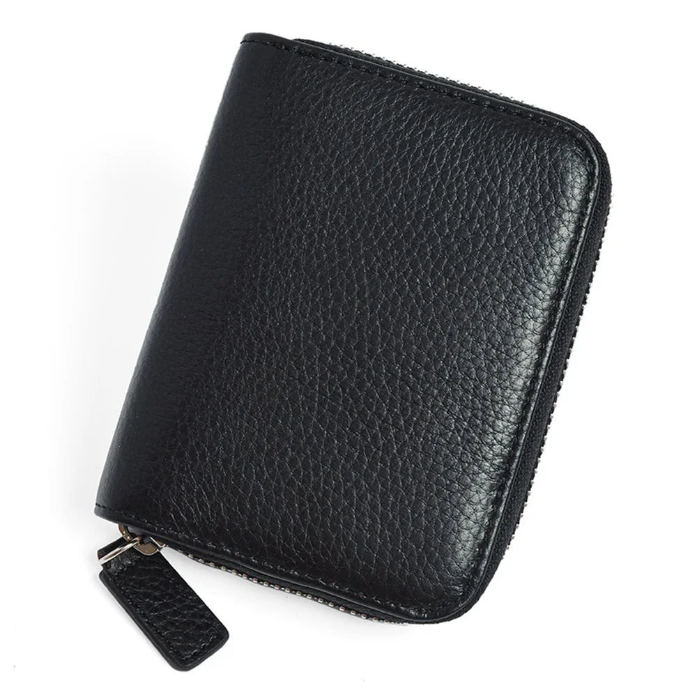 ZS-BO226 RFID Blocking Cowhide Leather Organ Card Holder Bag Zipper Coin Purse Women Short Wallet - Black - 1