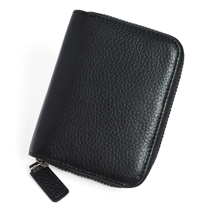 ZS-BO226 RFID Blocking Cowhide Leather Organ Card Holder Bag Zipper Coin Purse Women Short Wallet - Black - 1