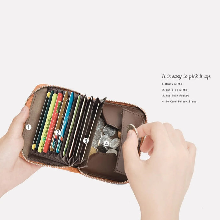 ZS-BO226 RFID Blocking Cowhide Leather Organ Card Holder Bag Zipper Coin Purse Women Short Wallet - Black - 5