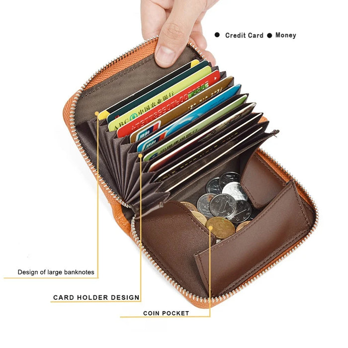 ZS-BO226 RFID Blocking Cowhide Leather Organ Card Holder Bag Zipper Coin Purse Women Short Wallet - Black - 6