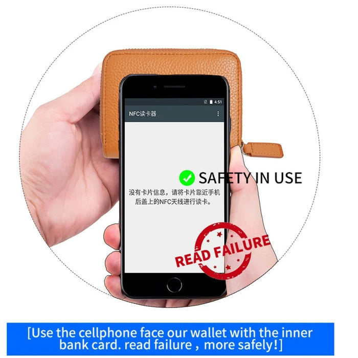 ZS-BO226 RFID Blocking Cowhide Leather Organ Card Holder Bag Zipper Coin Purse Women Short Wallet - Black - 7