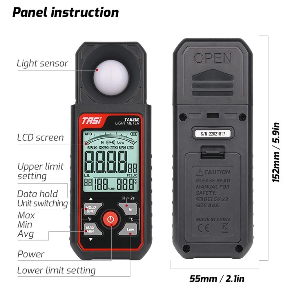 TASI TA631B Digital Light Meter Photography Luxmeter 0.1-300000LUX Illuminometer Lux / FC Measure Photometer Tester - 7