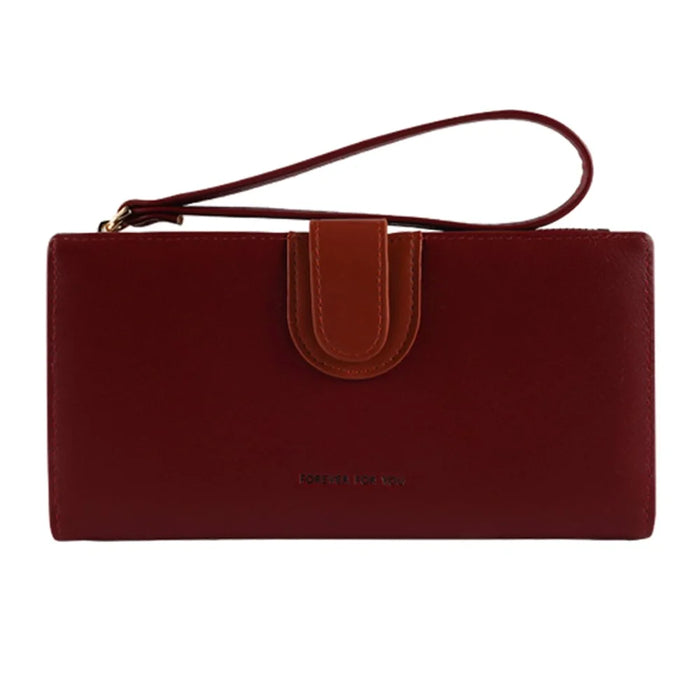 FFY FY22022-19 Ultra Slim Long Wallet Zipper Pocket PU Leather Women Clutch Bi-fold Purse with Wrist Strap - Red - 1
