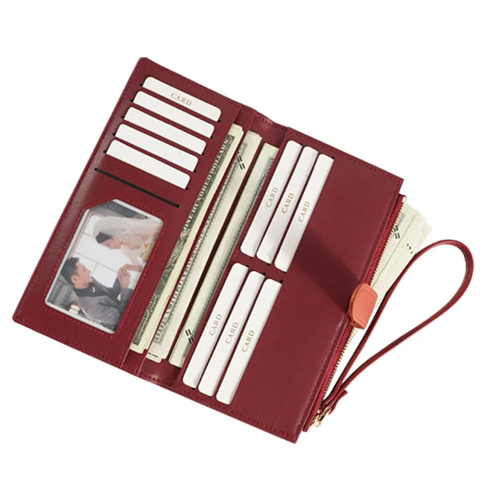 FFY FY22022-19 Ultra Slim Long Wallet Zipper Pocket PU Leather Women Clutch Bi-fold Purse with Wrist Strap - Red - 2
