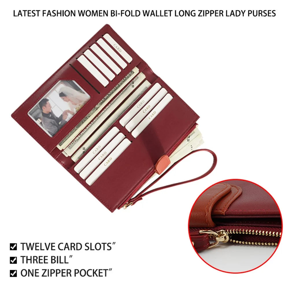 FFY FY22022-19 Ultra Slim Long Wallet Zipper Pocket PU Leather Women Clutch Bi-fold Purse with Wrist Strap - Red - 3