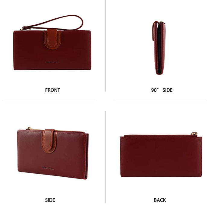FFY FY22022-19 Ultra Slim Long Wallet Zipper Pocket PU Leather Women Clutch Bi-fold Purse with Wrist Strap - Red - 4