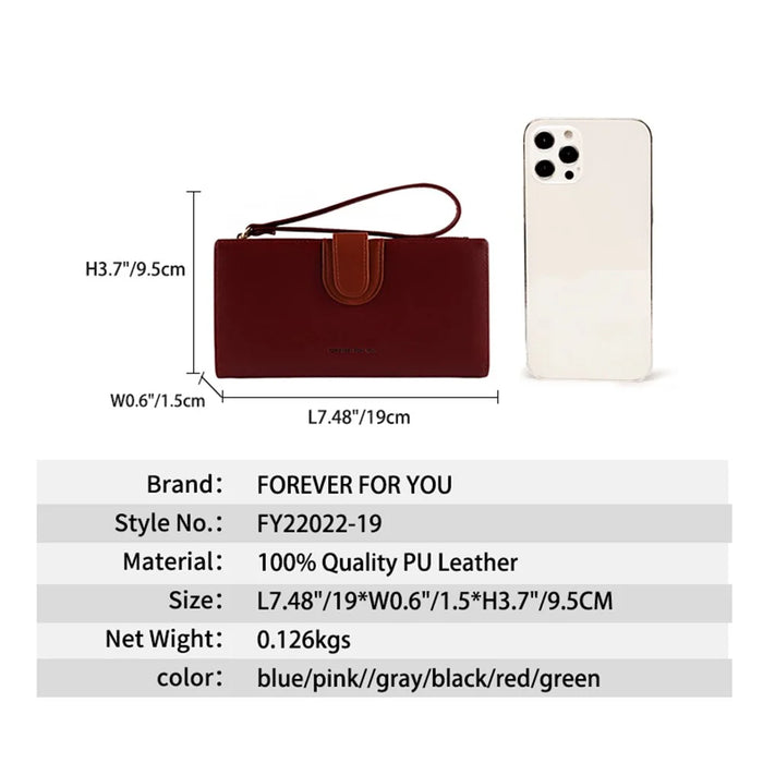 FFY FY22022-19 Ultra Slim Long Wallet Zipper Pocket PU Leather Women Clutch Bi-fold Purse with Wrist Strap - Red - 6