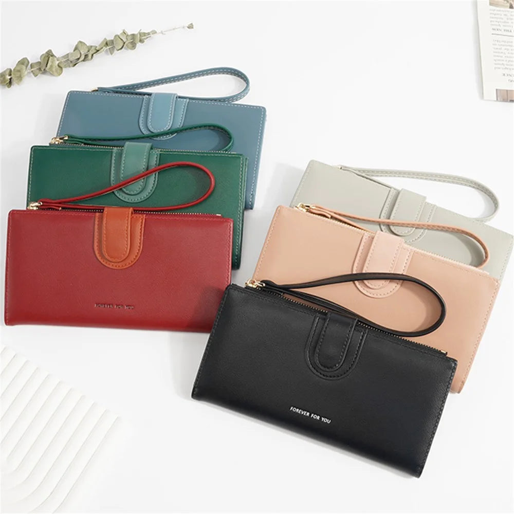 FFY FY22022-19 Ultra Slim Long Wallet Zipper Pocket PU Leather Women Clutch Bi-fold Purse with Wrist Strap - Red - 7