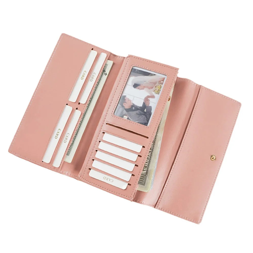 FFY FY207-37 Multiple Card Slots Tri-fold Long Purse PU Leather Women Clutch Wallet with Zipper Pocket - Pink - 2