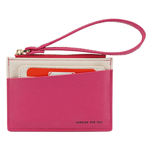 FFY FY1022-55 Solid Color Minimalist PU Leather Card Holder Zipper Coin Pocket Storage Bag with Hand Strap - Rose - 1