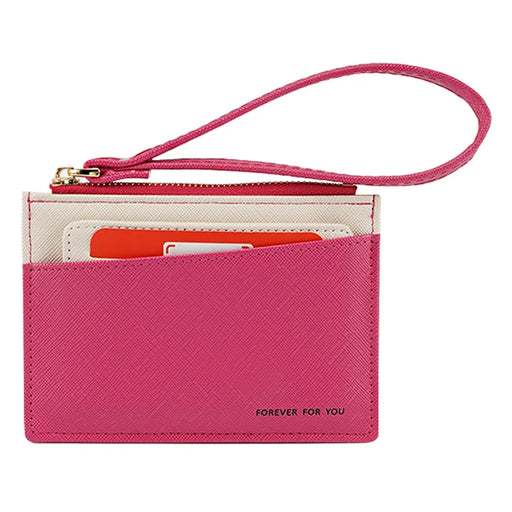 FFY FY1022-55 Solid Color Minimalist PU Leather Card Holder Zipper Coin Pocket Storage Bag with Hand Strap - Rose - 1