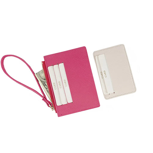 FFY FY1022-55 Solid Color Minimalist PU Leather Card Holder Zipper Coin Pocket Storage Bag with Hand Strap - Rose - 2