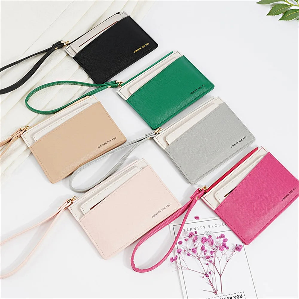 FFY FY1022-55 Solid Color Minimalist PU Leather Card Holder Zipper Coin Pocket Storage Bag with Hand Strap - Rose - 5