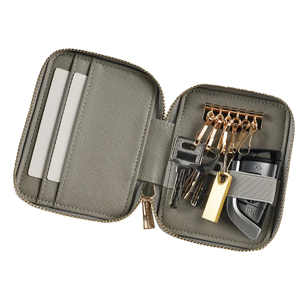FFY FY1022-49 Portable Key Case Cross Texture PU Leather Key Holder Zipper Bag with 6 Hooks and 2 Card Slots - Grey - 2