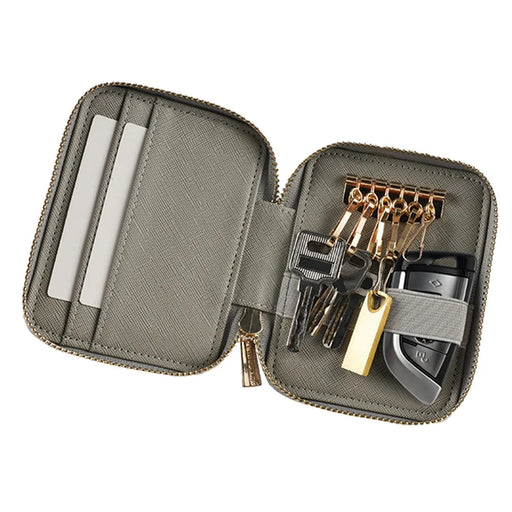 FFY FY1022-49 Portable Key Case Cross Texture PU Leather Key Holder Zipper Bag with 6 Hooks and 2 Card Slots - Grey - 2