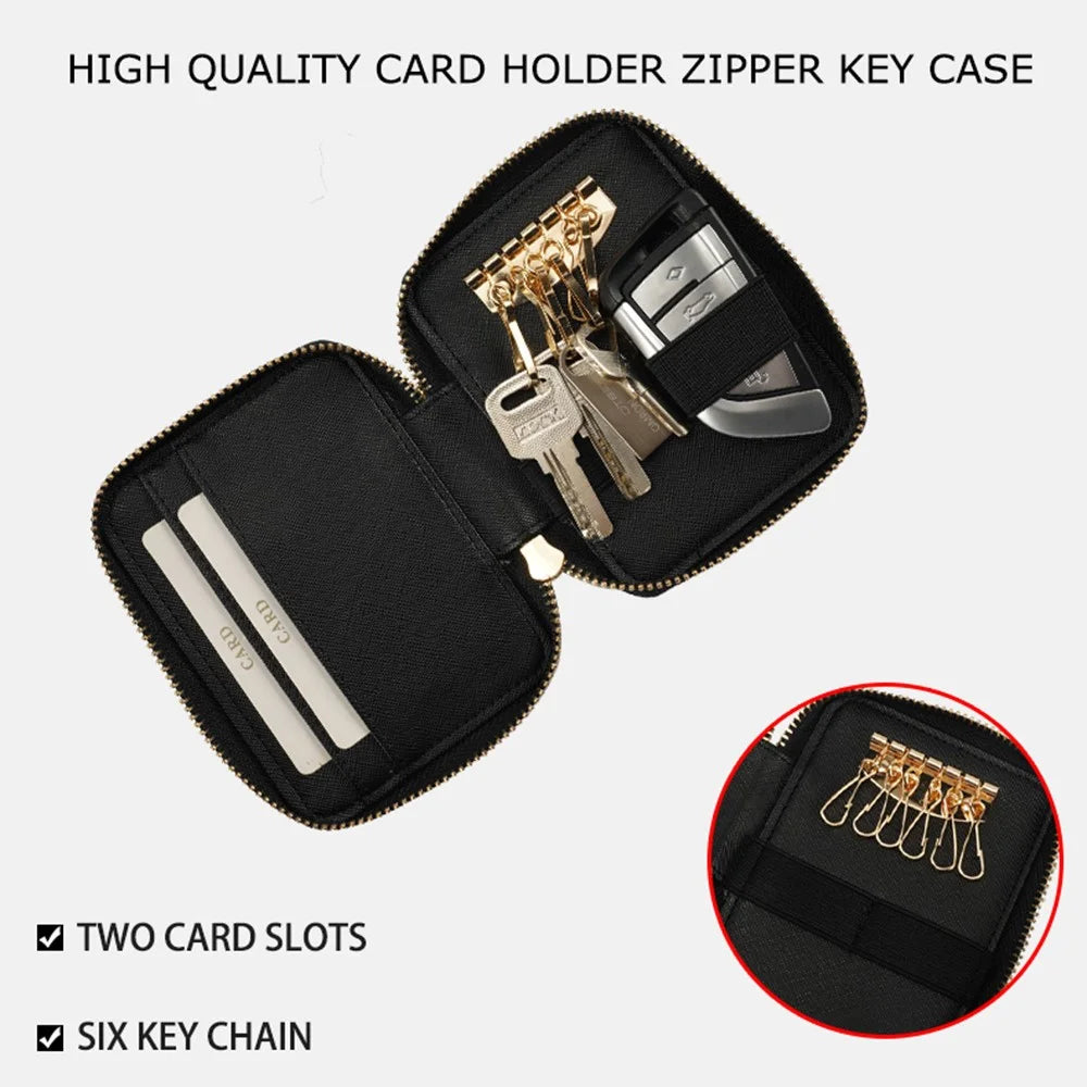 FFY FY1022-49 Portable Key Case Cross Texture PU Leather Key Holder Zipper Bag with 6 Hooks and 2 Card Slots - Grey - 4