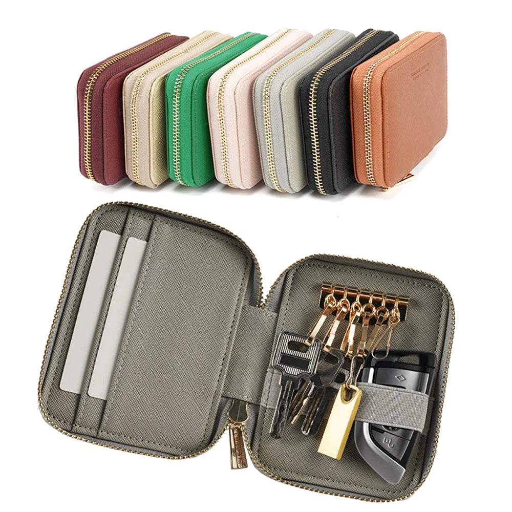 FFY FY1022-49 Portable Key Case Cross Texture PU Leather Key Holder Zipper Bag with 6 Hooks and 2 Card Slots - Grey - 7