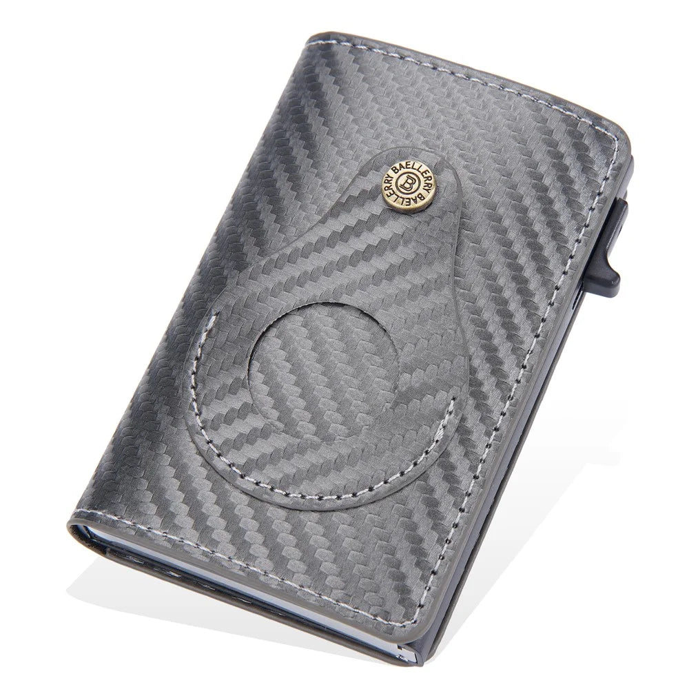 BAELLERRY K9270 Credit Card ID Card Holder Case Easy to Push Compatible with AirTag Carbon Fiber Slim RFID Blocking Money Cash Pouch Wallet- Silver - 3