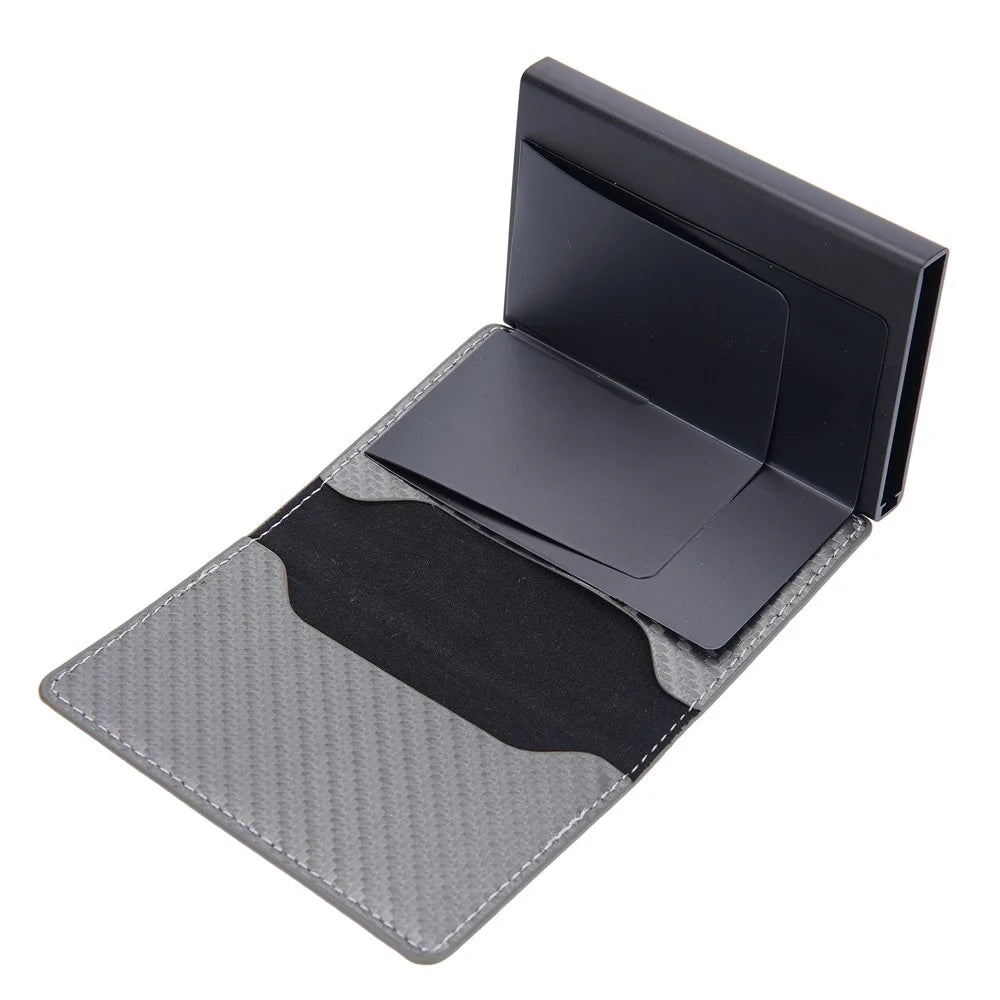 BAELLERRY K9270 Credit Card ID Card Holder Case Easy to Push Compatible with AirTag Carbon Fiber Slim RFID Blocking Money Cash Pouch Wallet- Silver - 4