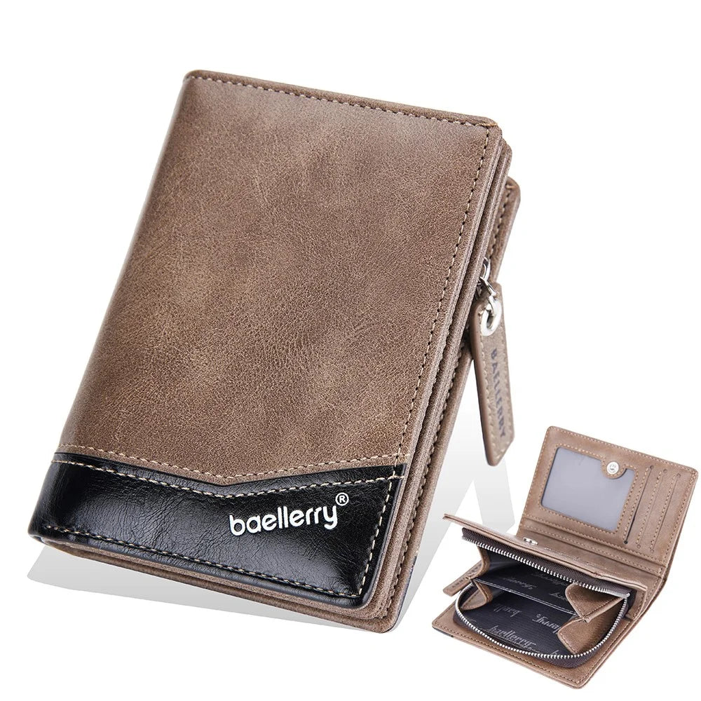 BAELLERRY D3246 Men Zipper Short Wallet PU Leather Bifold Purse Multi Card Slots Color Splicing Business Coin Purse Case - Brown - 1