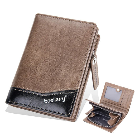BAELLERRY D3246 Men Zipper Short Wallet PU Leather Bifold Purse Multi Card Slots Color Splicing Business Coin Purse Case - Brown - 1