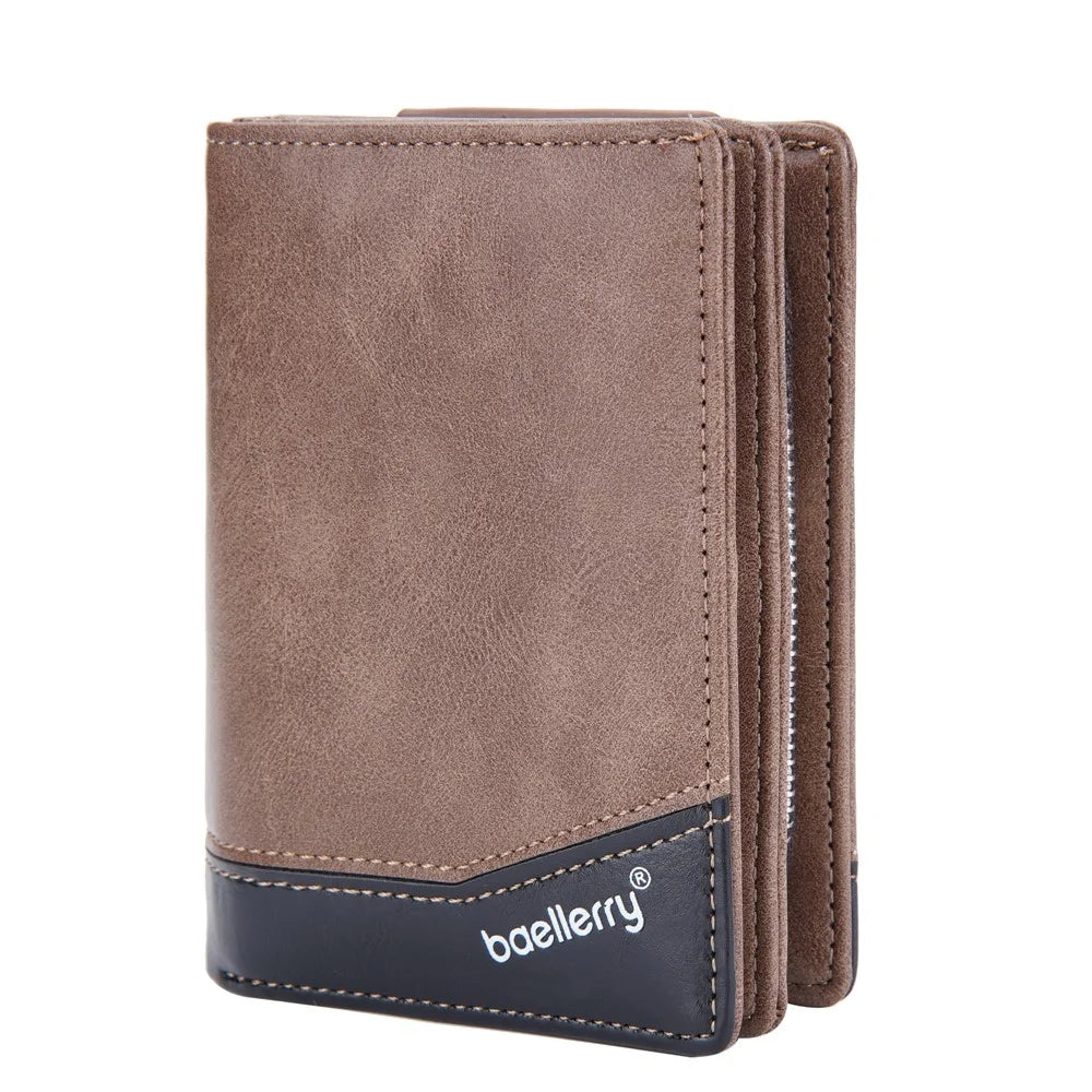 BAELLERRY D3246 Men Zipper Short Wallet PU Leather Bifold Purse Multi Card Slots Color Splicing Business Coin Purse Case - Brown - 3