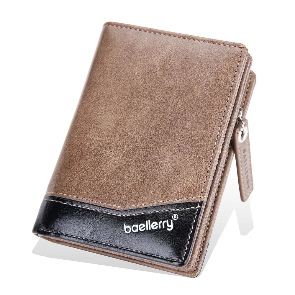 BAELLERRY D3246 Men Zipper Short Wallet PU Leather Bifold Purse Multi Card Slots Color Splicing Business Coin Purse Case - Brown - 6