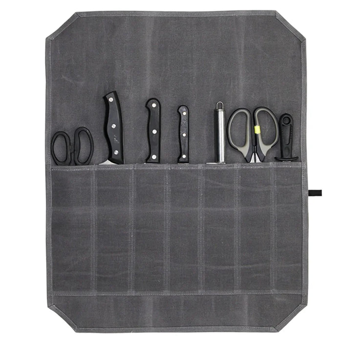 Waterproof Waxed Canvas Chef Knife Scissors Storage Pouch Roll Bag 7 Slots Carrying Case for Kitchen Knives Tools - Grey - 2