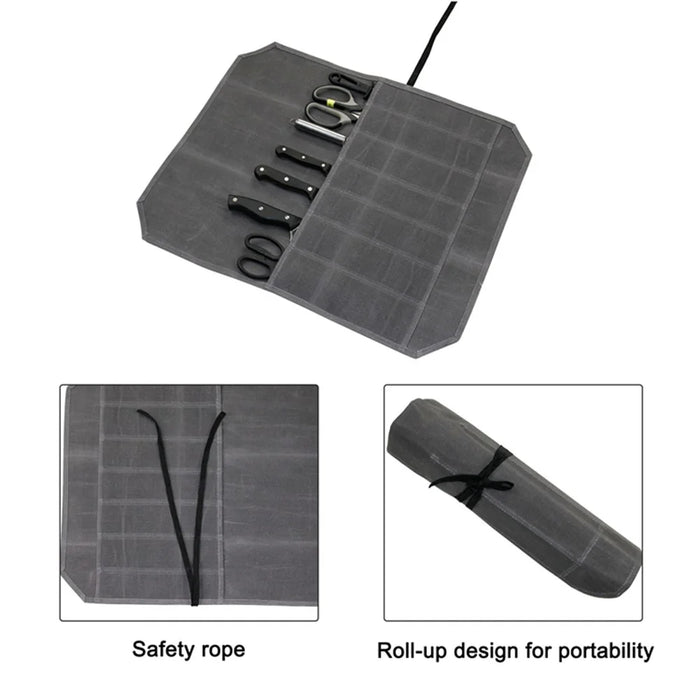 Waterproof Waxed Canvas Chef Knife Scissors Storage Pouch Roll Bag 7 Slots Carrying Case for Kitchen Knives Tools - Grey - 5