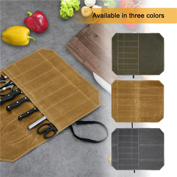 Waterproof Waxed Canvas Chef Knife Scissors Storage Pouch Roll Bag 7 Slots Carrying Case for Kitchen Knives Tools - Grey - 6
