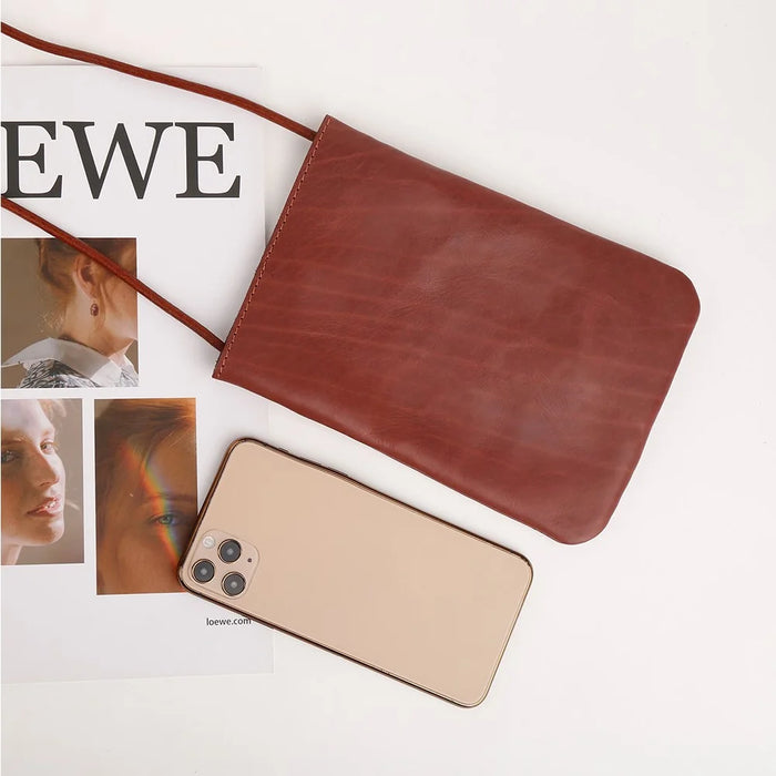 8860 Vertical Style Cowhide Leather Shoulder Bag Wallet Coin Card Phone Pouch with Long Strap - Red - 7
