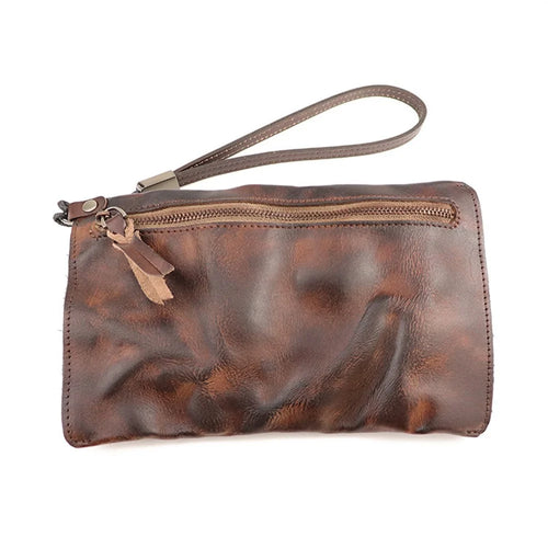 SG628 Top Layer Cowhide Leather Wrinkled Old Retro Wallet Long Coin Purse Zipper Business Casual Large Capacity Wallet with Wrist Strap - Coffee - 1